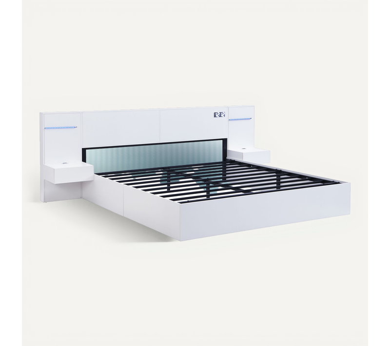 Lit Double En Bois 180x200cm,avec USB, LED, Expérience Intelligent, 2 Tables De Chevet, Blanc