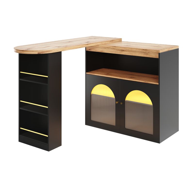 Table De Bar Rétractable Moderne 138-193 X 39 X 105 Cm Avec Espace De Rangement, LED, Mdf, Noir