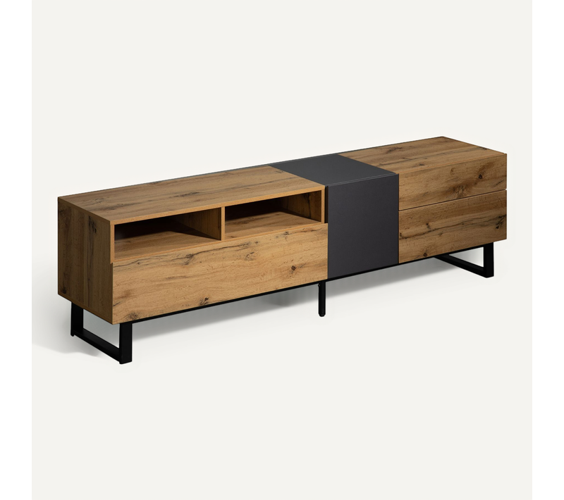 Meuble TV Moderne 180x38x50 Cm, Avec Espace De Rangement, Mdf, Grain De Bois + Noir