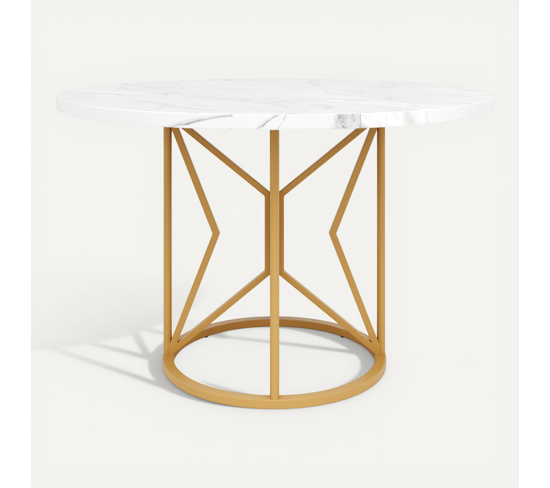 Table à Manger Ronde 100x100x76 Cm, Plateau Mdf + Placage Marbre, Pieds Géométriques En Métal Doré
