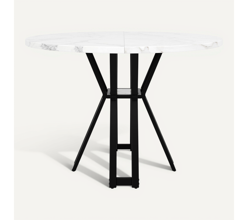 Table à Manger Ronde 100 X 100 X 76 Cm, Plateau En Mdf Placage Marbre, Pieds Noir, 4 à 6 Personnes