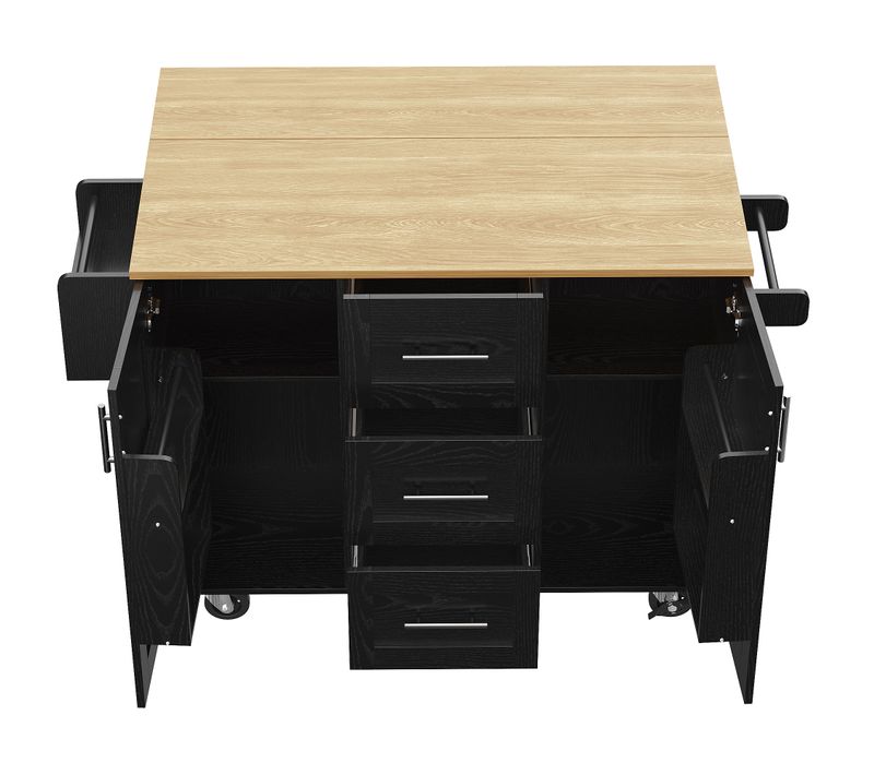 Buffet De Cuisine Rabattable, Plan De Travail Grain De Bois, Multi-storage, Porte-serviettes, Noir