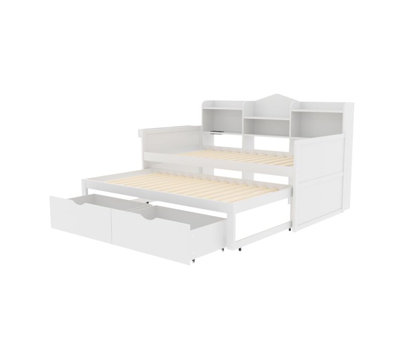 Lit Gigogne Lit Enfant En Bois 90x200/190 Cm, Prise USB Et 2 Tiroirs, Niches De Rangement, Blanc