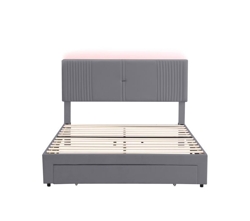 Lit Double Rembourré 140 X 200 Cm, Avec Bande LED Et Port USB, Titoir, Velours Gris