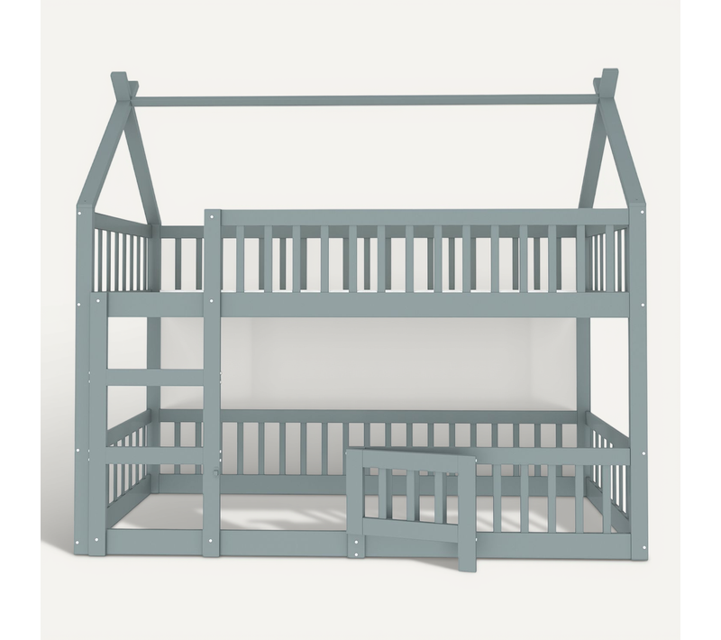 Lit Superposé Enfant 90x200 Cm, Design Loft, Lit Cabane En Bois, Gris