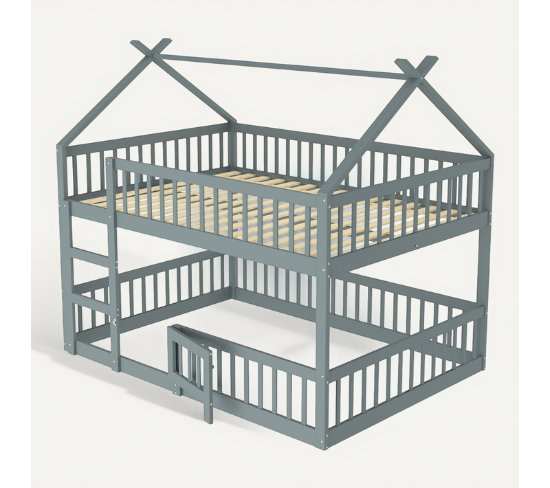 Lit Superposé Enfant 140x200 Cm, Design Loft, Lit Cabane En Bois, Gris