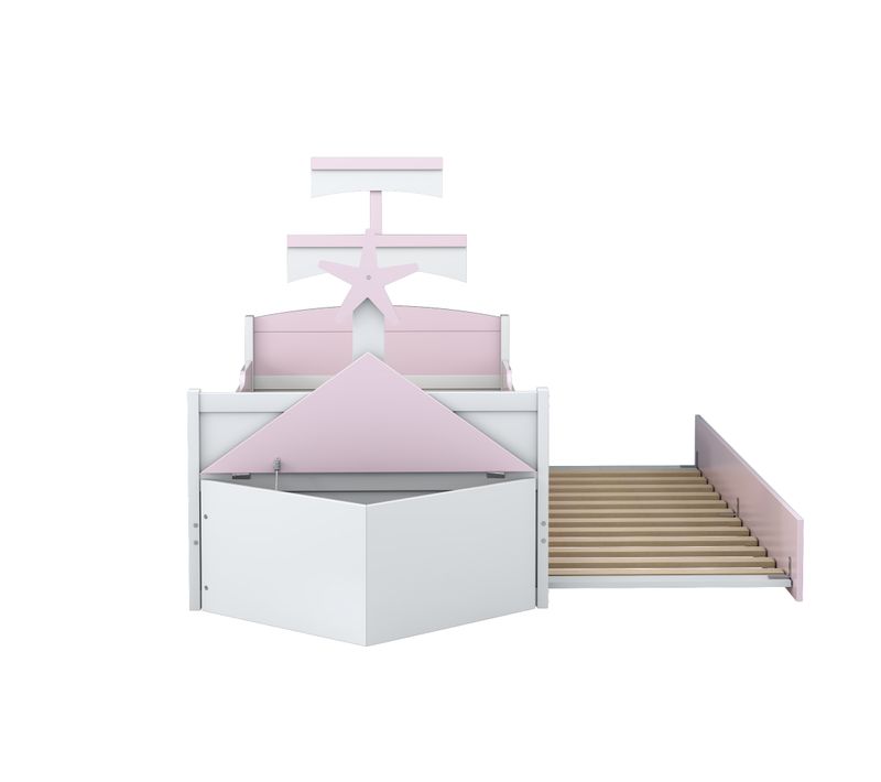 Lit Gigogne Lit Enfant En Bois 90x200/90x190 Cm, Avec Coffre De Rangement, Forme Voilier, Rose