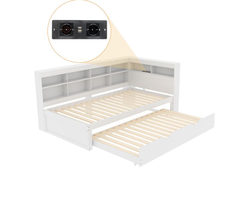 Lit Gigogne Lit Enfant En Bois 90x200/90x190 Cm, Avec Prise USB Et Niches De Rangement, Blanc