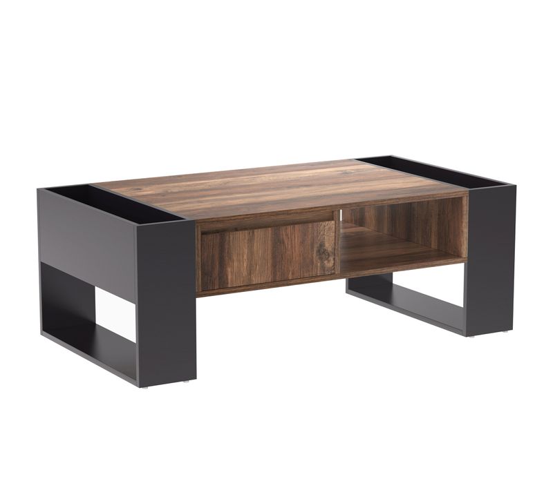 Table Basse En Grain De Bois, Tiroir Sans Poignée, Compartiment De Rangement, Anthracite