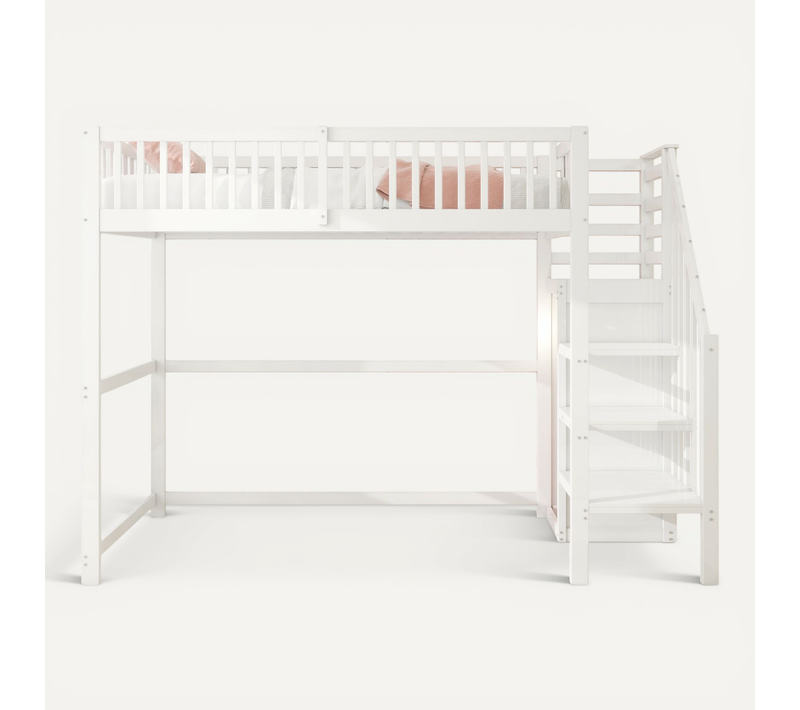 Lit Mezzanine Enfant En Bois 90x200 Avec Escalier Sécurisé, Étagère De Rangement, Blanc
