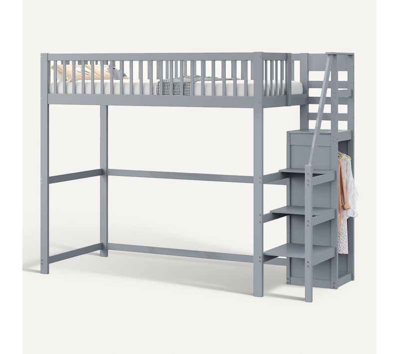 Lit Mezzanine Enfant En Bois 90x200 Avec Escalier Sécurisé, Étagère De Rangement, Gris