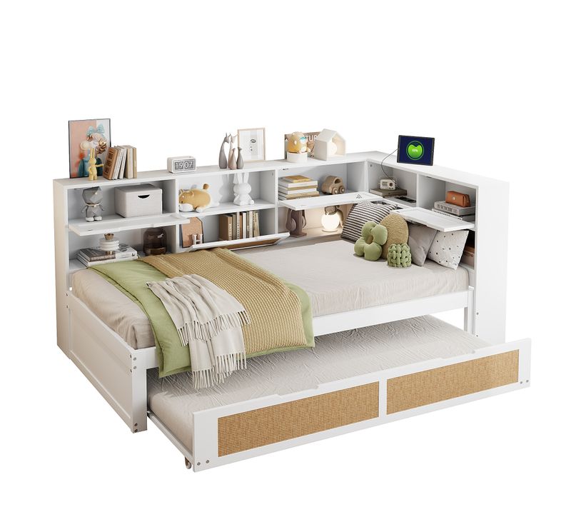 Lit Gigogne 90 X 200/90x190cm En Bois, Lit Enfant, Nombreux Rangements, Port De Charge, Blanc