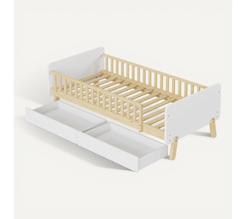 Lit Enfant Lit Simple 90x190cm, Avec 2 Tiroirs Et Sommier à Lattes, Blanc + Coloris Naturel
