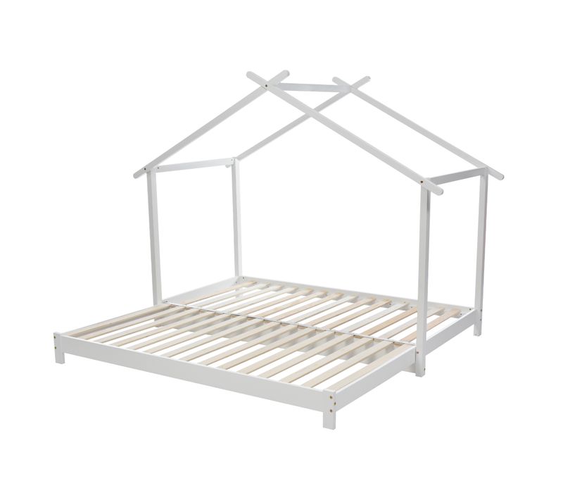 Lit Cabane 90/180x190 Cm En Bois, Lit Enfant Extensible, Avec Sommier à Lattes, Blanc