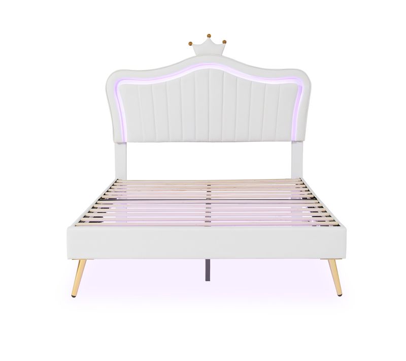 Lit Double Rembourré 140 X 200 Cm, Avec LED, Moulures De Coquille Et De Couronne, Pu, Blanc