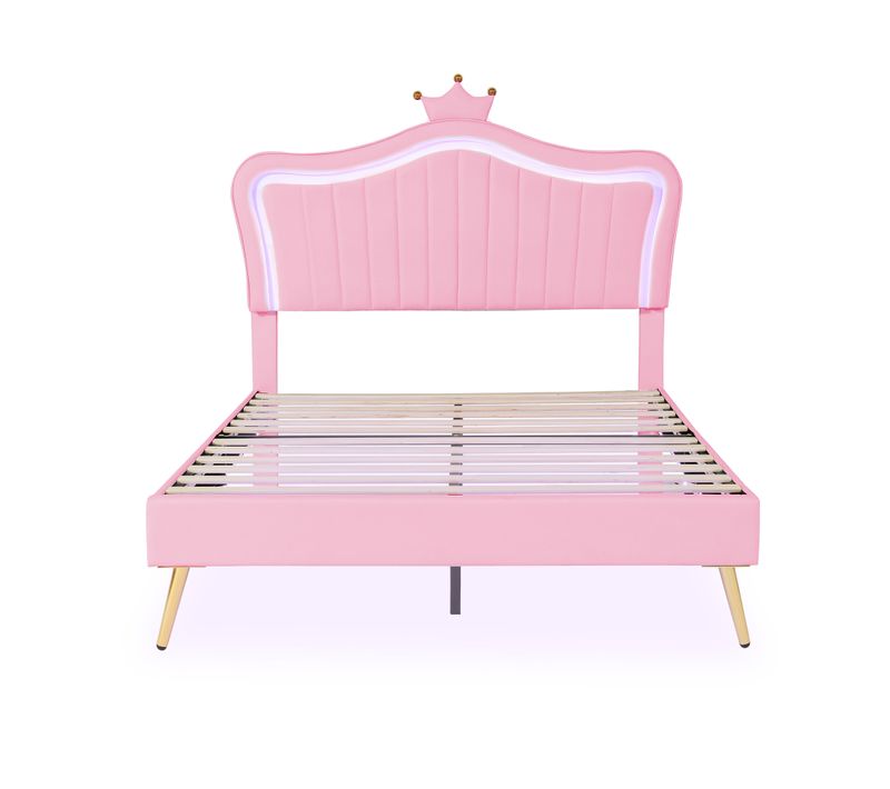 Lit Double Rembourré 140 X 200 Cm, Avec LED, Moulures De Coquille Et De Couronne, Pu, Rose