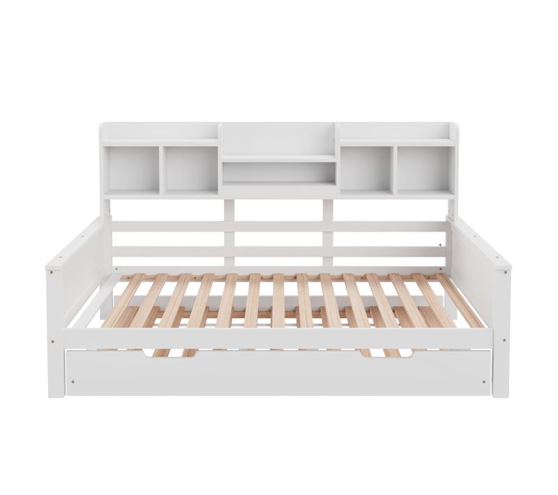 Lit Gigogne 90x200/90x190 Cm, Lit De Repos En Bois, Avec Compartiments De Rangement, Blanc