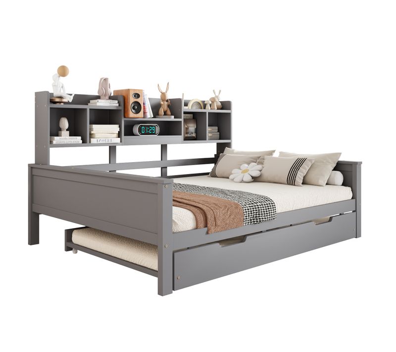 Lit Gigogne 140x200/90x190 Cm, Lit De Repos En Bois, Avec Compartiments De Rangement, Gris