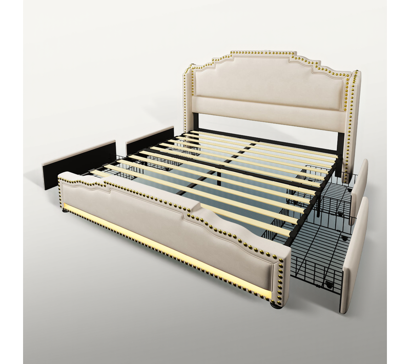 Lit Adulte 140x200 cm avec 4 Tiroirs, Éclairage LED, Prises, Velours, Beige