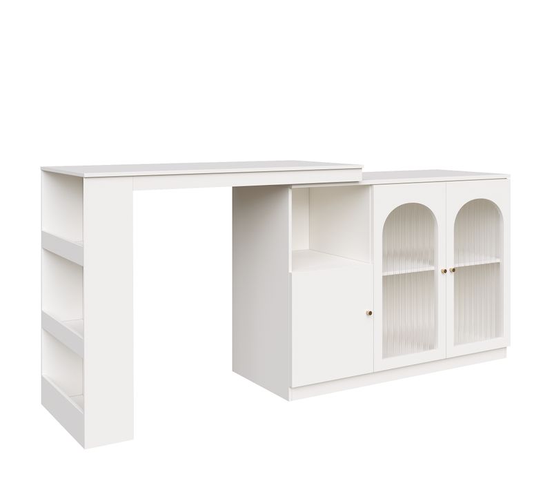Table De Bar Rotative à 360° 120x40 X97cm Avec Espace De Rangement, 2 Porte Vitrée, Mdf, Blanc