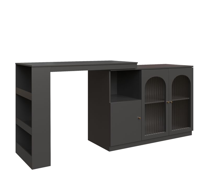 Table De Bar Rotative à 360° 120x40 X97cm Avec Espace De Rangement, 2 Porte Vitrée, Mdf, Noir