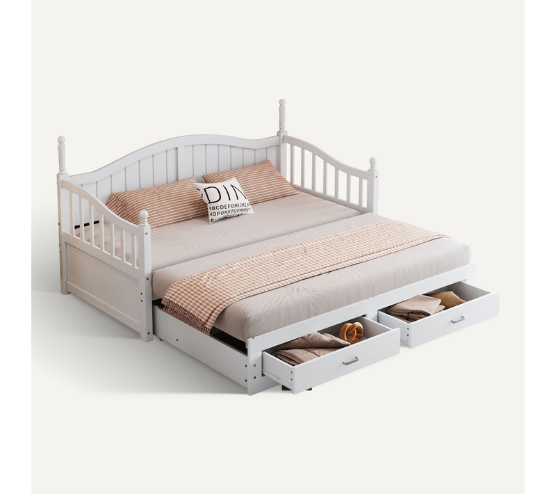 Lit Gigogne 90/180 X 190cm, Lit De Repos En Pin, Design Colonnes Romaines, 2 Tiroirs, Blanc