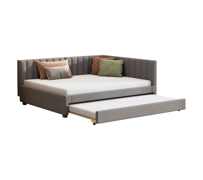 Lit Double 140x200cm, Lit Gigogne 90x190cm, Avec Sommier à Lattes, Lits Jeunes, Velours Gris
