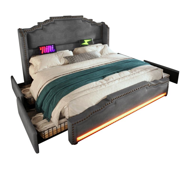Lit Adulte+ 4 Tiroirs, 160x200cm, Éclairage LED, Velours, Prises, Gris