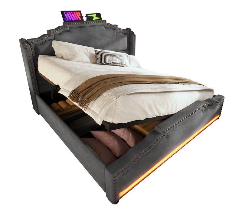 Lit Coffre 160x200 Avec Grand Rangement, Éclairage LED, Prises, Velours, Gris
