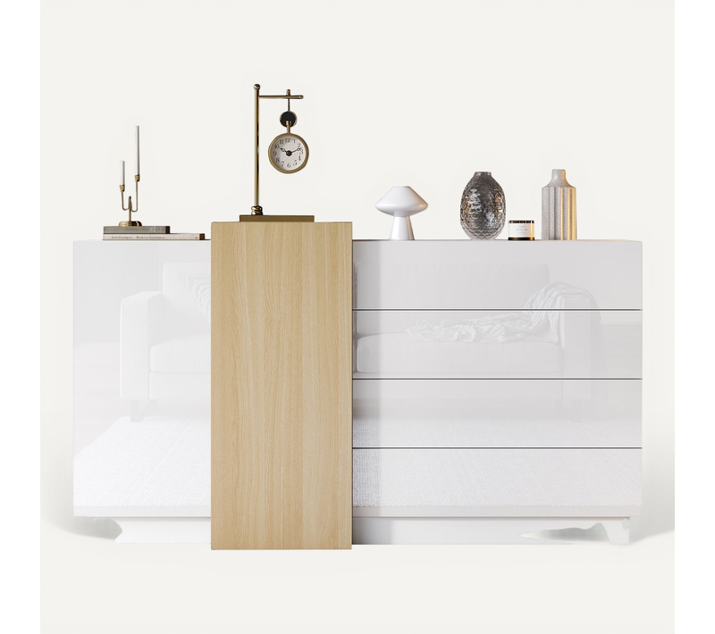 Buffet Cuisine Brillant 140x35x76.5cm 2 Portes 4 Tiroirs – Blanc Naturel