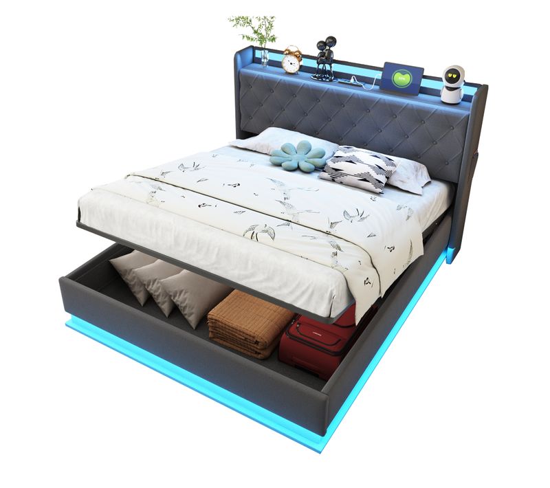 Lit Coffre Rembourré 140x200 Cm Lit Double Avec LED Et Chargement USB, Lin, Gris