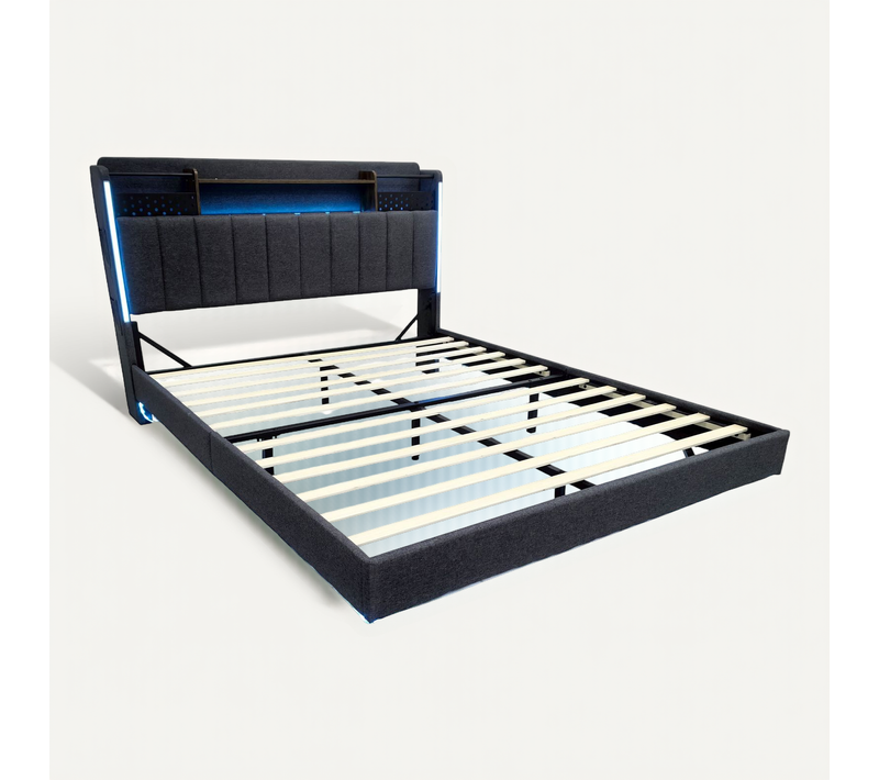 Lit Double Lit 2 Place 140x200 Avec LED Et Prise USB, Tête De Lit Avec Rangement, En Lin, Gris