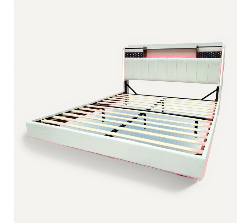 Lit Double Lit 2 Place 160x200 Avec LED Et Prise USB, Tête De Lit Avec Rangement, En Lin, Beige