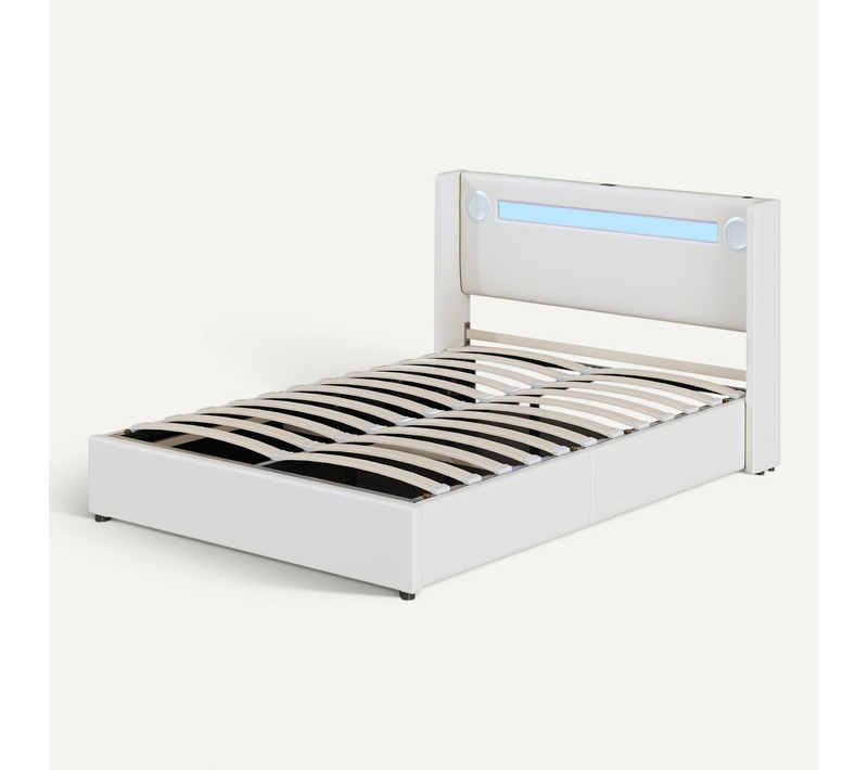 Lit Adulte Rembourré 140x200 Avec LED, Lecteur Bluetooth Et Charge USB, Pu, Blanc