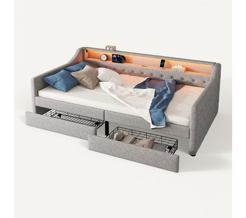 Lit De Repos Enfant 90 X 200 Cm Avec Ambiance LED, Interface USB, 2 Tiroirs, Lin, Gris