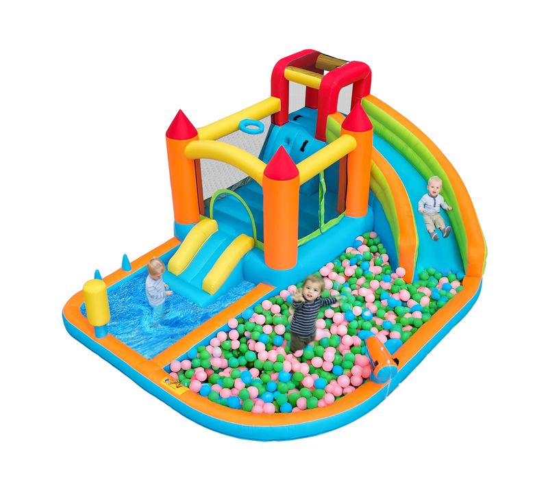 Château Gonflable Pour Enfants - Double Toboggan + Double Piscine, 460x343x190 Cm