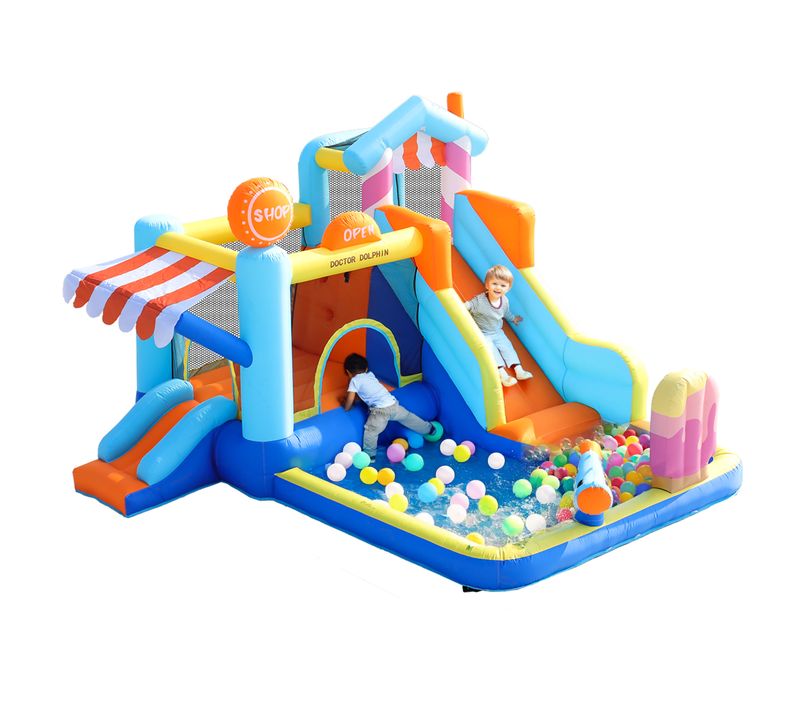 Château Gonflable Pour Enfants - 2 Toboggans + Pistolet à Eau + Piscine + Auvent 395x340x236 Cm