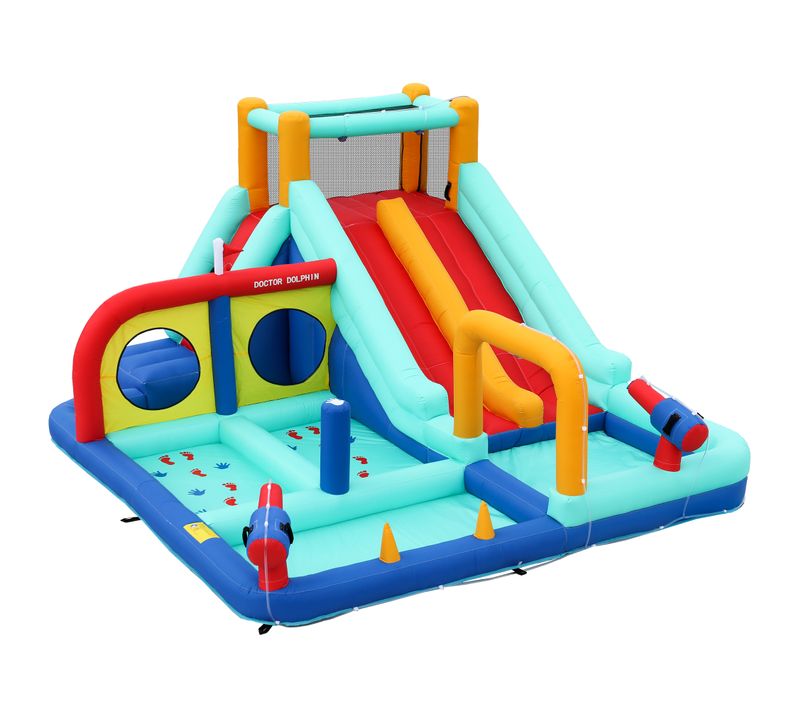 Château Gonflable Pour Enfants Avec 2 Toboggans + 2 Pistolets à Eau + Fontaine à Jets 365x450x217