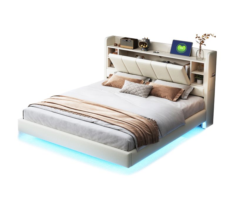 Lit Adulte Lit 160x200, 2 Place, Avec USB, Barre Lumineuse, Tête De Lit Avec Rangement, Lin Beige