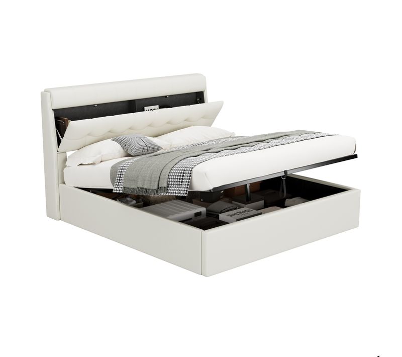 Lit Coffre 160x200 Cm Avec Tête De Lit Rangement, Rembourrage Confortable - Pu Blanc
