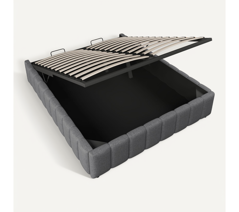 Lit Double 140x200cm, Lit Coffre Avec Support Hydraulique, Sans Tête De Lit, Tissu En Lin, Gris