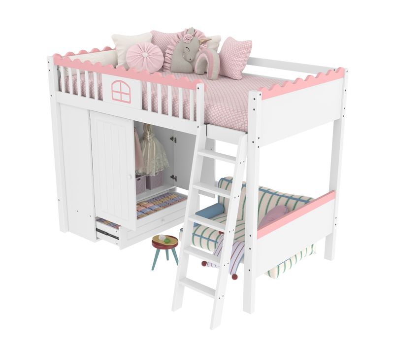 Lit Mezzanine Enfant 90x200cm En Bois, Avec LED, Armoire + Tiroir, Petite Fenêtre, Blanc + Rose