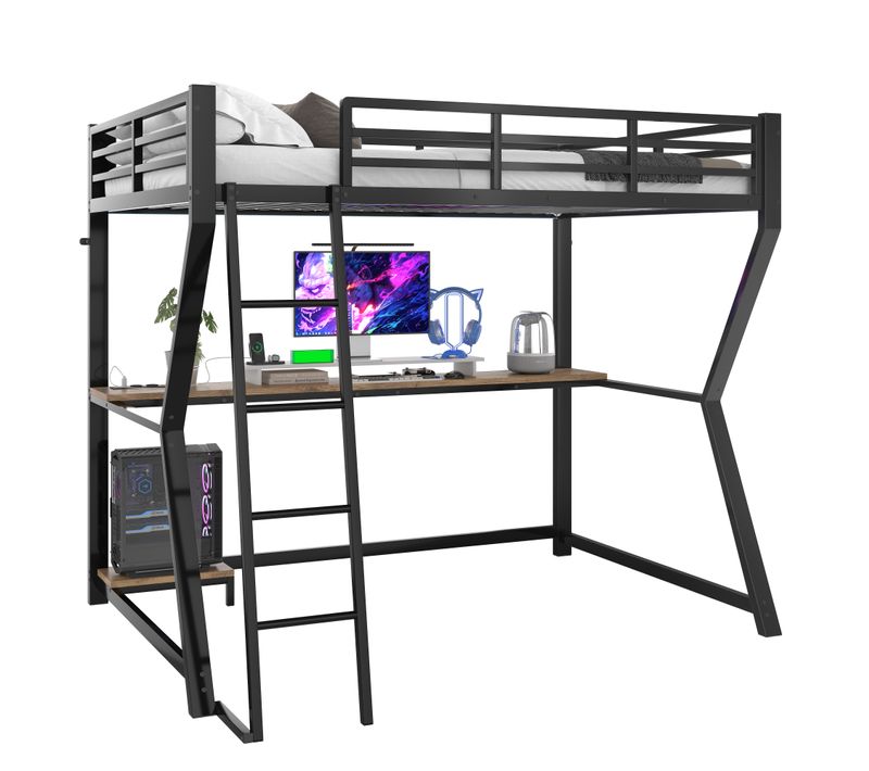 Lit Mezzanine 90x200 Cm, LED, Bureau Avec Console, Escalier, Clôture, Prise De Courant Et USB, Noir
