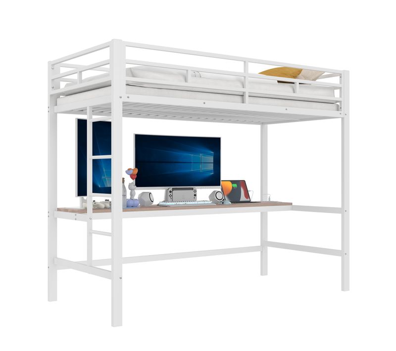 Lit Mezzanine Enfant 90x200 Cm Avec LED, Table, USB Et Prise, Escalier, Clôture, Blanc