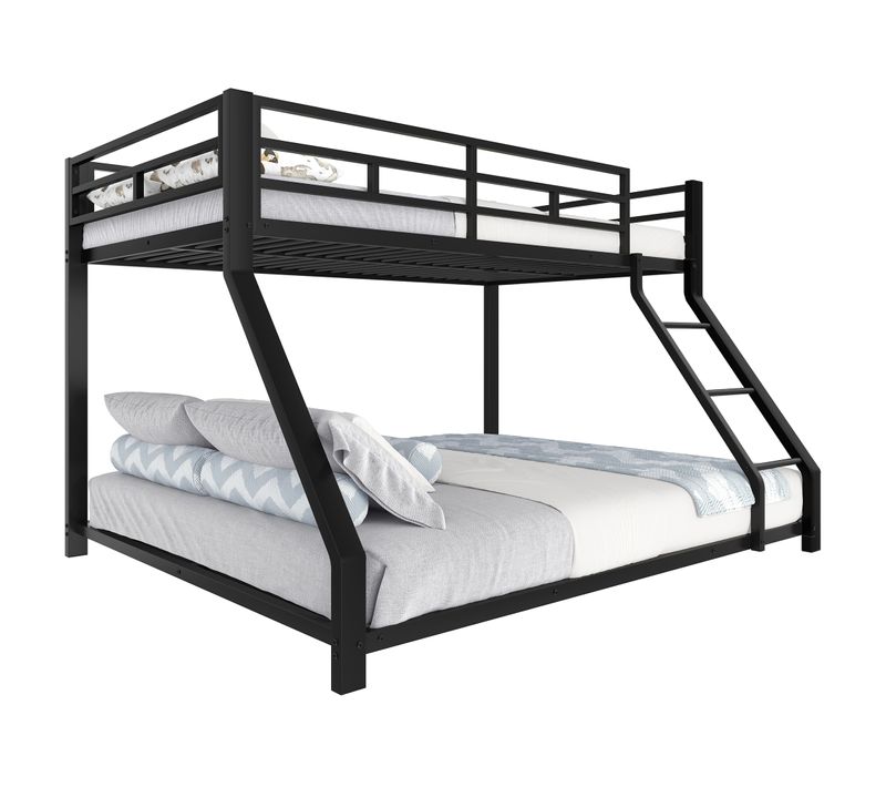 Lit Superposé, 90x200 Cm+140x200 Cm, Avec Clôture Anti-chute Et Escaliers, Cadre En Fer, Noir