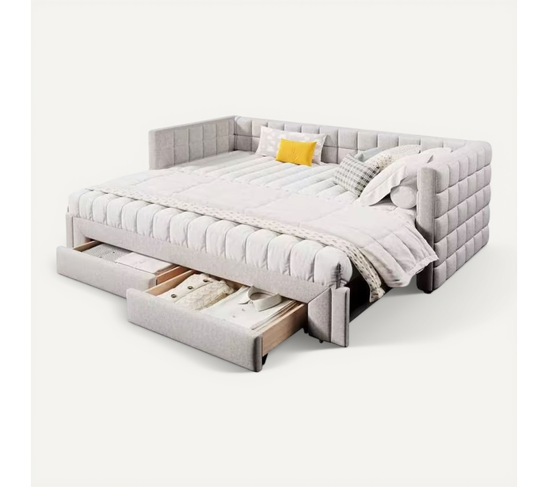 Lit Gigogne 90/180×200 Cm, Lit Simple/lit Double Lit De Repos, Avec 2 Tiroirs, Beige