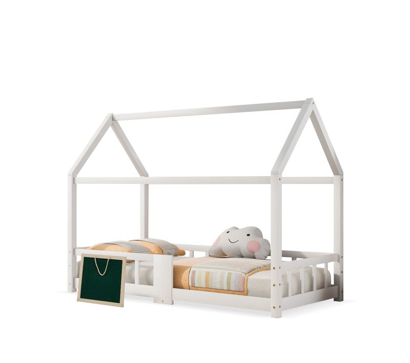 Lit Enfant 90x200 Cm - Lit Cabane Avec Tablette Pratique Et Tableau Créatif - Bois De Pin - Blanc