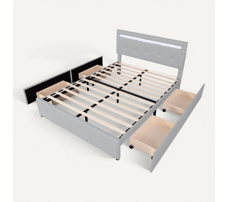 Lit Adulte Lit Double 140x200 Cm, Avec LED, 4 Tiroirs à Roulettes Et Sommier à Lattes, Lin Gris