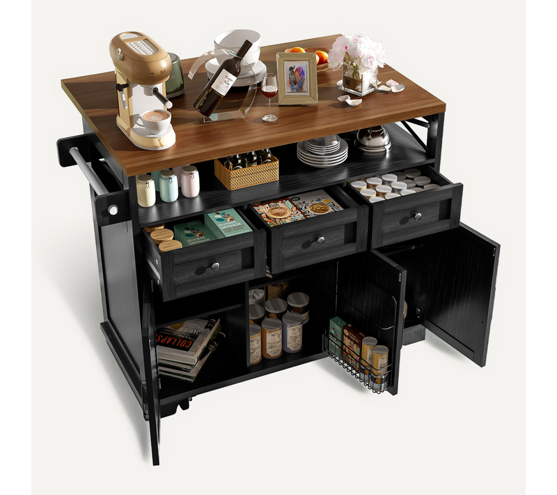 Buffet Cuisine à Roulettes, Tiroirs, Portes De Placard Fermé, Plateau Rabattable, Mdf, Noir