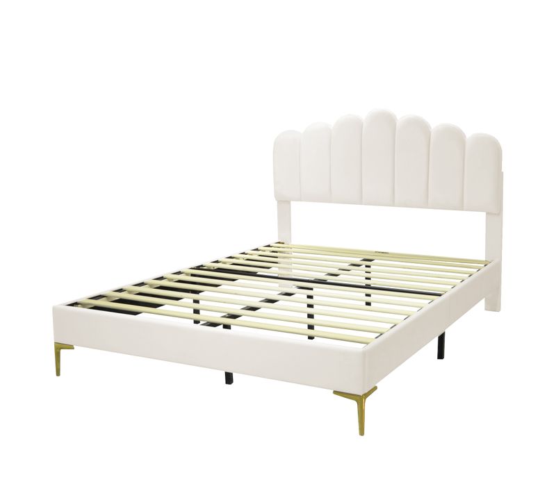 Lit Double Rembourré 140 X 200 Cm, Cadre De Lit Avec Tête De Lit Et Sommier à Lattes, Velours Beige